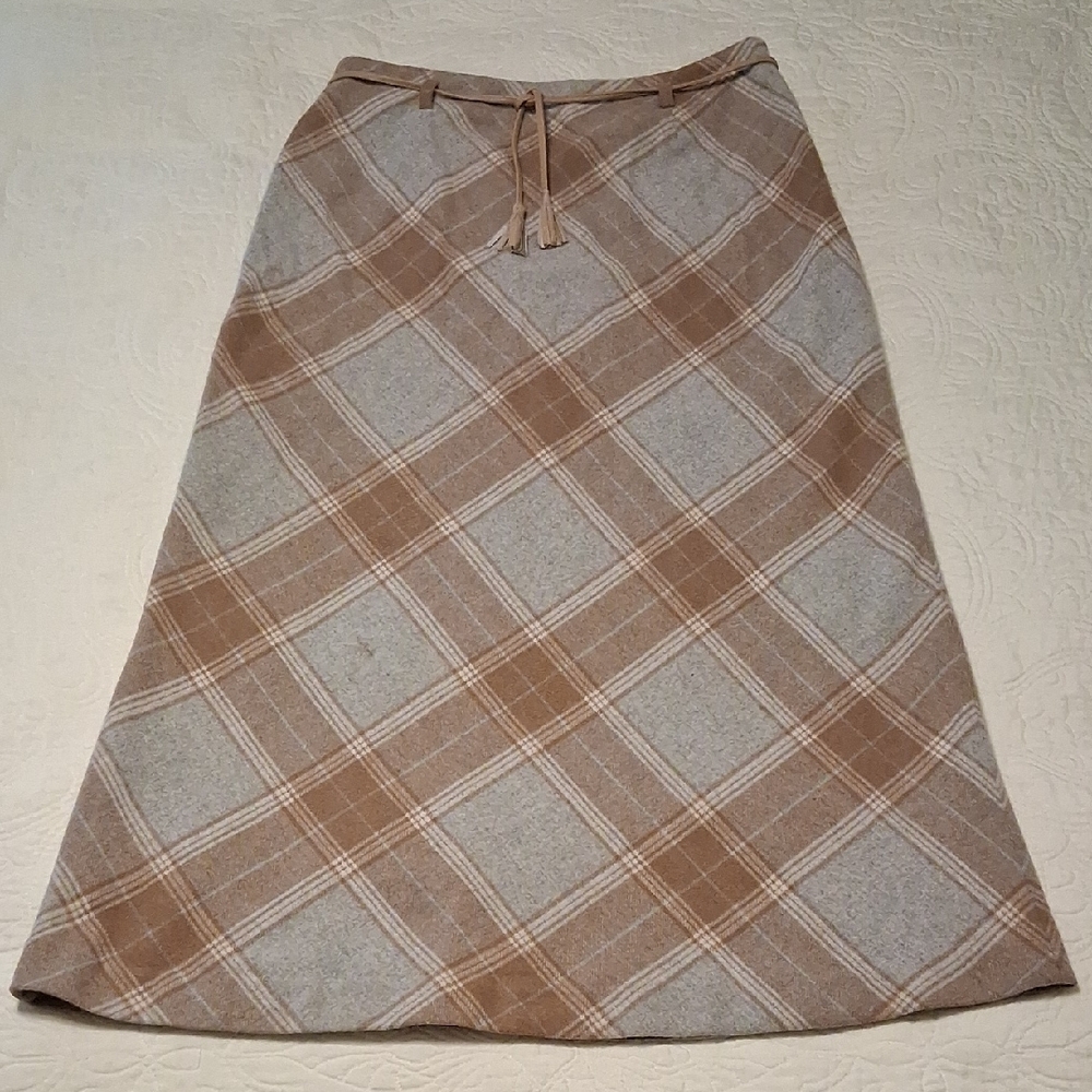 Wool Plaid A-Line Long Skirt in Brown and Gray